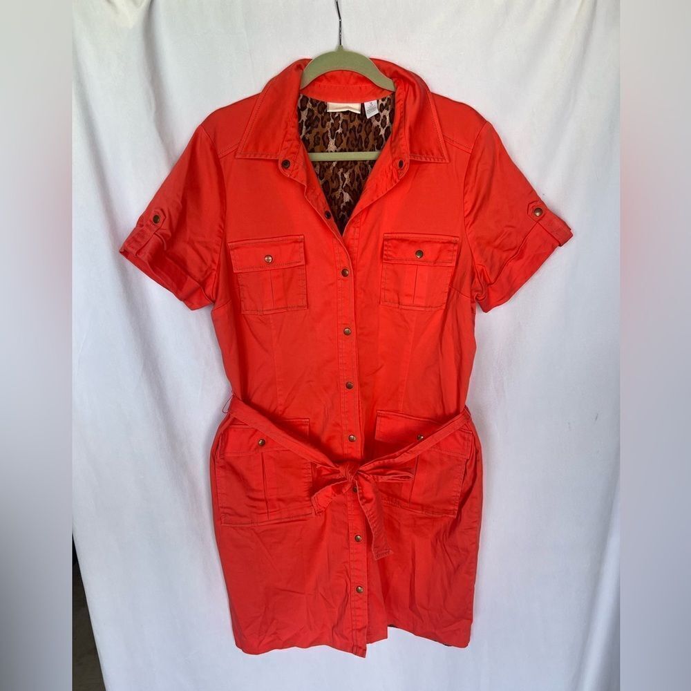 Chico's size 3 (XL) Tangerine Bright Trench Coat Style Dress Leopard Lining